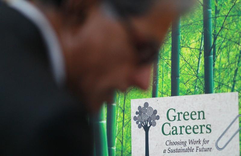 A job seeker looks through green job pamphlets at the Green Jobs and Entrepeneurship Fair on February 16, 2011 in Berkeley, California.